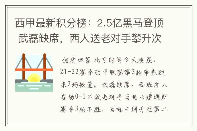 西甲最新积分榜:2.5亿黑马登顶 武磊缺席,西人送老对手攀升次席