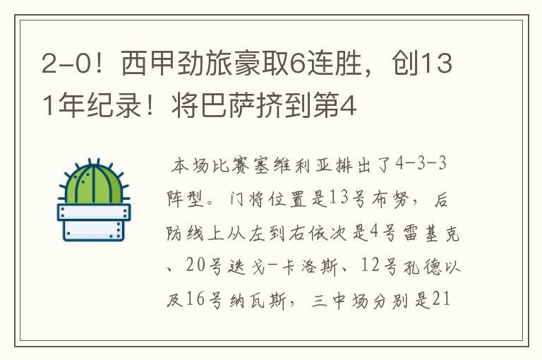 2-0!西甲劲旅豪取6连胜,创131年纪录!将巴萨挤到第4