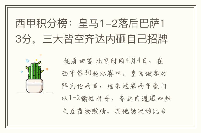 西甲积分榜:皇马1-2落后巴萨13分,三大皆空齐达内砸自己招牌?