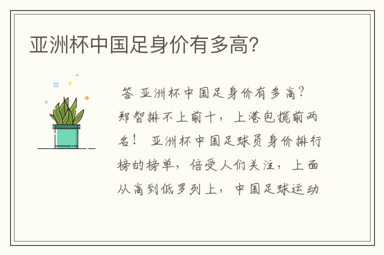 亚洲杯中国足身价有多高?