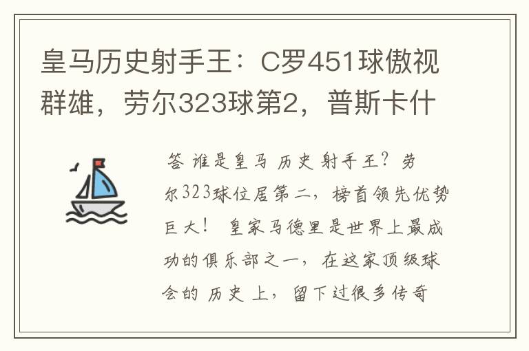 皇马历史射手王:C罗451球傲视群雄,劳尔323球第2,普斯卡什上榜