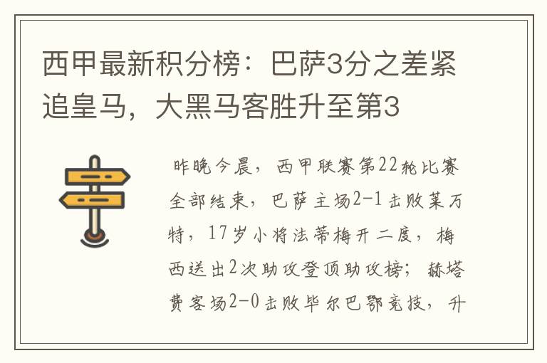 西甲最新积分榜:巴萨3分之差紧追皇马,大黑马客胜升至第3