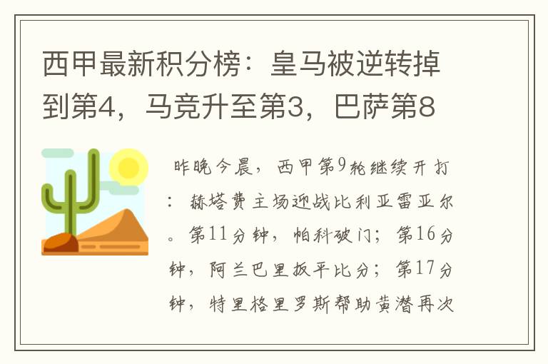 西甲最新积分榜:皇马被逆转掉到第4,马竞升至第3,巴萨第8