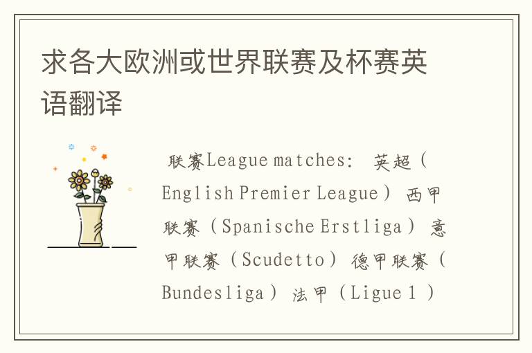 求各大欧洲或世界联赛及杯赛英语翻译