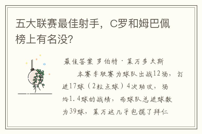 五大联赛最佳射手，C罗和姆巴佩榜上有名没？
