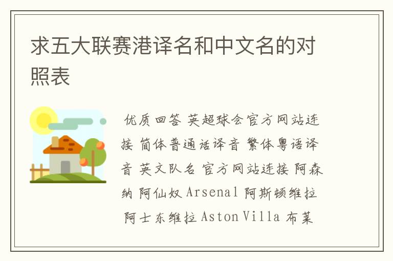 求五大联赛港译名和中文名的对照表