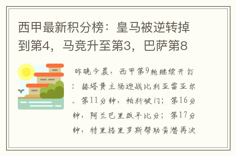 西甲最新积分榜:皇马被逆转掉到第4,马竞升至第3,巴萨第8