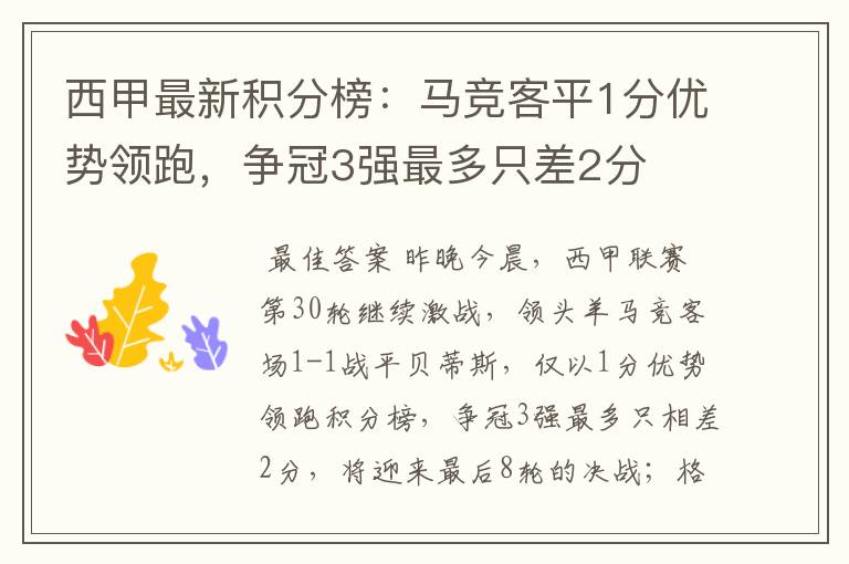 西甲最新积分榜:马竞客平1分优势领跑,争冠3强最多只差2分