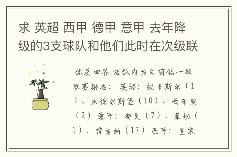 求 英超 西甲 德甲 意甲 去年降级的3支球队和他们此时在次级联赛的排名