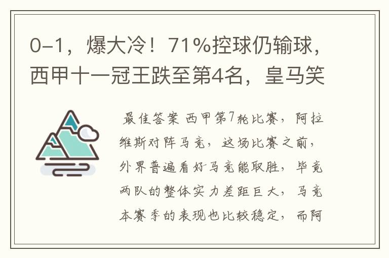 0-1,爆大冷!71%控球仍输球,西甲十一冠王跌至第4名,皇马笑了