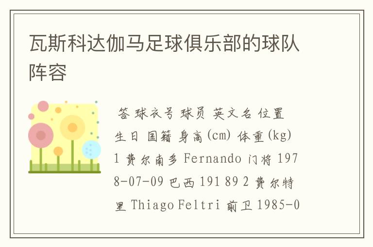 瓦斯科达伽马足球俱乐部的球队阵容