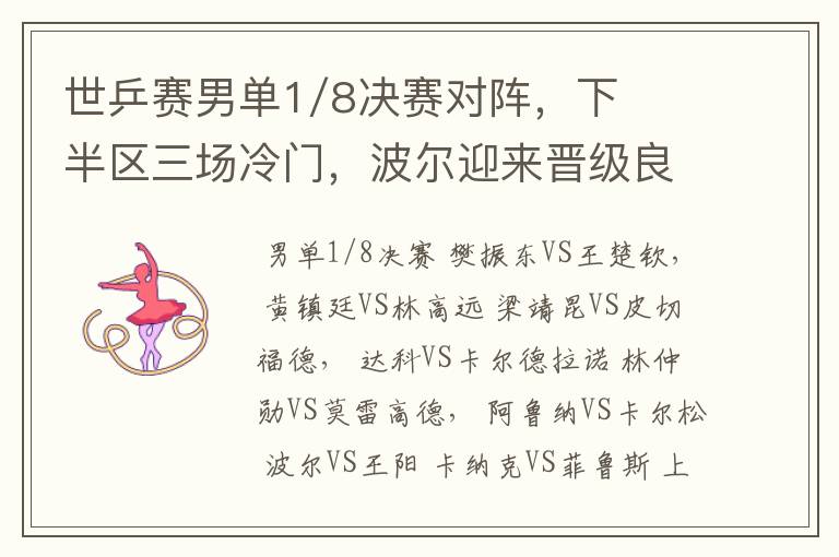 世乒赛男单1/8决赛对阵,下半区三场冷门,波尔迎来晋级良机