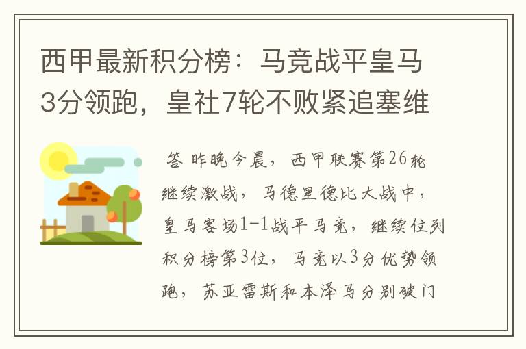 西甲最新积分榜:马竞战平皇马3分领跑,皇社7轮不败紧追塞维