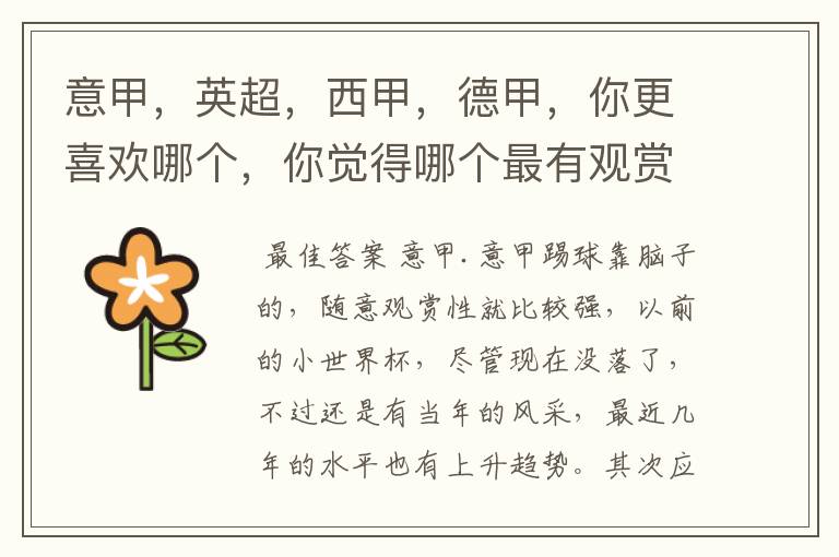 意甲,英超,西甲,德甲,你更喜欢哪个,你觉得哪个最有观赏性