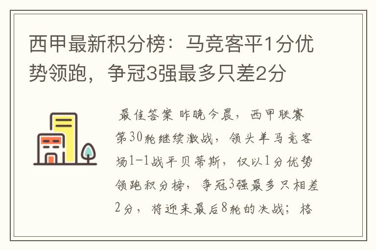 西甲最新积分榜:马竞客平1分优势领跑,争冠3强最多只差2分