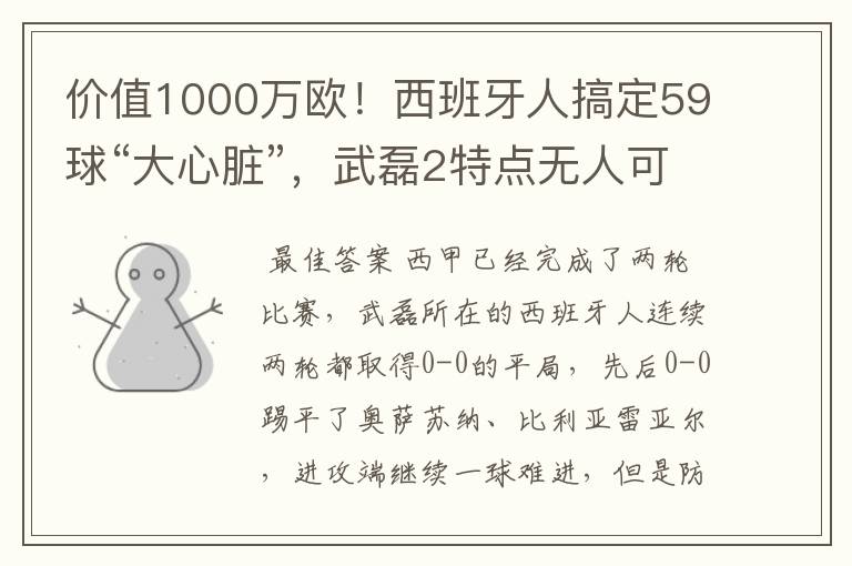 价值1000万欧!西班牙人搞定59球“大心脏”,武磊2特点无人可替