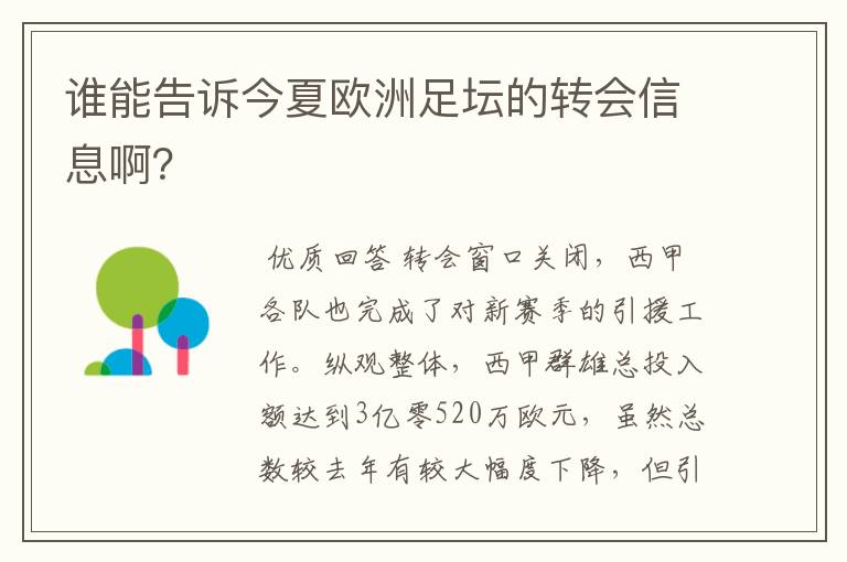 谁能告诉今夏欧洲足坛的转会信息啊?