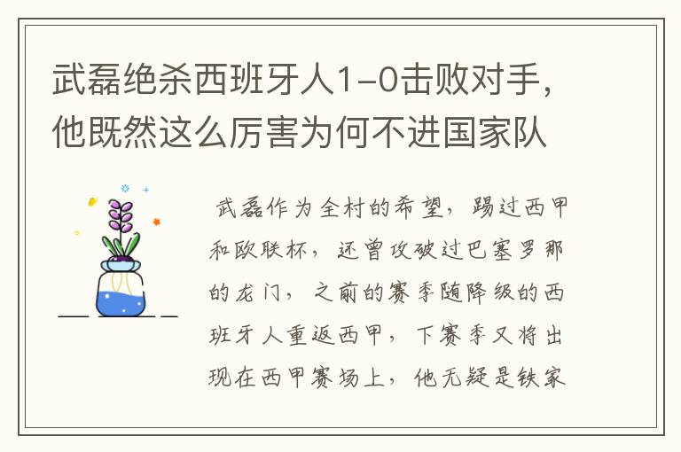 武磊绝杀西班牙人1-0击败对手,他既然这么厉害为何不进国家队?