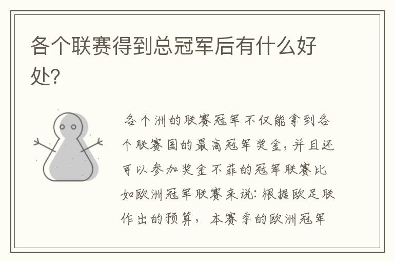 各个联赛得到总冠军后有什么好处？