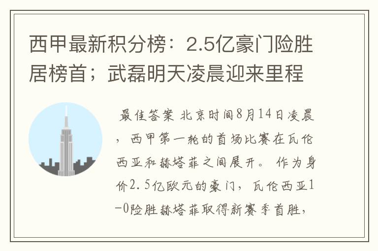 西甲最新积分榜:2.5亿豪门险胜居榜首;武磊明天凌晨迎来里程碑