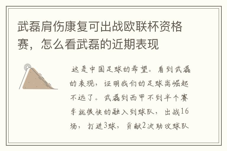 武磊肩伤康复可出战欧联杯资格赛,怎么看武磊的近期表现