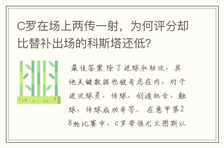 C罗在场上两传一射,为何评分却比替补出场的科斯塔还低?