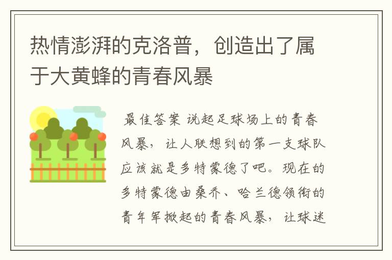 热情澎湃的克洛普,创造出了属于大黄蜂的青春风暴