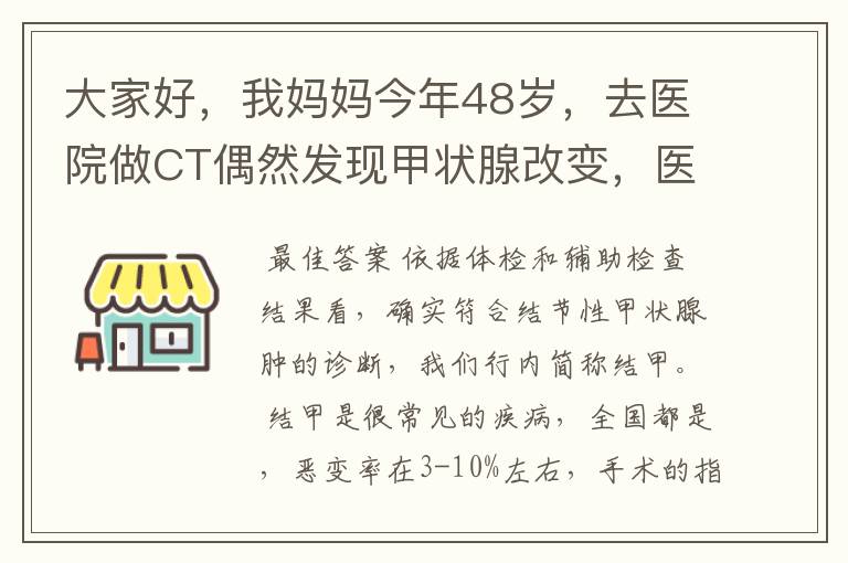 大家好,我妈妈今年48岁,去医院做CT偶然发现甲状腺改变,医生建议进一步检查,随后挂号内分泌科,医生要