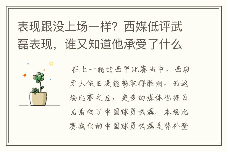 表现跟没上场一样?西媒低评武磊表现,谁又知道他承受了什么呢?