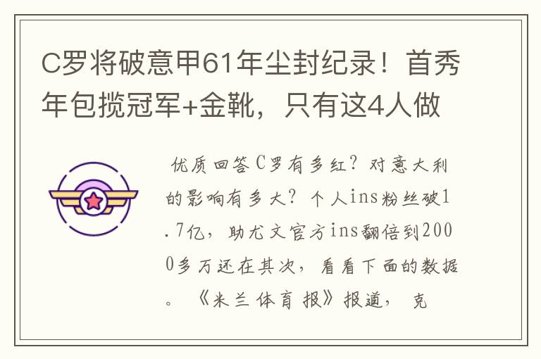 C罗将破意甲61年尘封纪录!首秀年包揽冠军+金靴,只有这4人做到