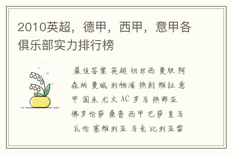 2010英超,德甲,西甲,意甲各俱乐部实力排行榜