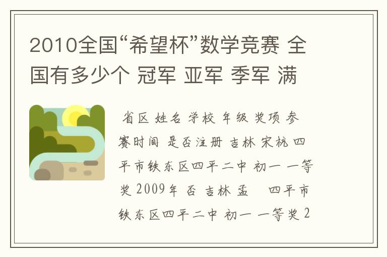 2010全国“希望杯”数学竞赛 全国有多少个 冠军 亚军 季军 满意加悬赏!