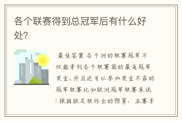 各个联赛得到总冠军后有什么好处?