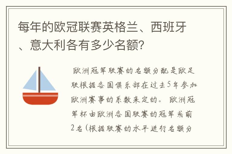 每年的欧冠联赛英格兰、西班牙、意大利各有多少名额?