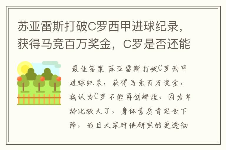苏亚雷斯打破C罗西甲进球纪录,获得马竞百万奖金,C罗是否还能再创辉煌?