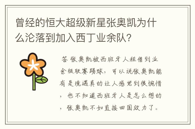 曾经的恒大超级新星张奥凯为什么沦落到加入西丁业余队?