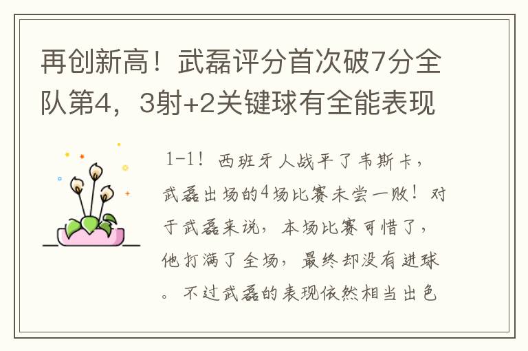 再创新高!武磊评分首次破7分全队第4,3射+2关键球有全能表现