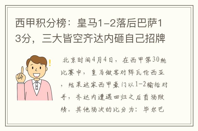 西甲积分榜:皇马1-2落后巴萨13分,三大皆空齐达内砸自己招牌?