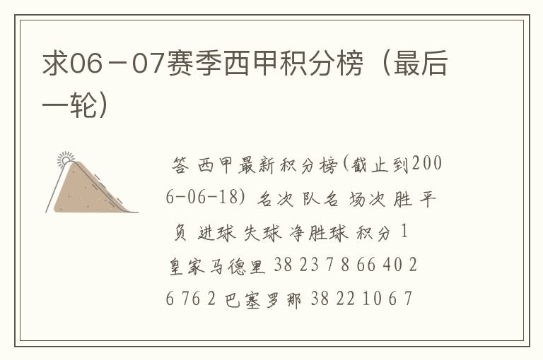求06-07赛季西甲积分榜(最后一轮)
