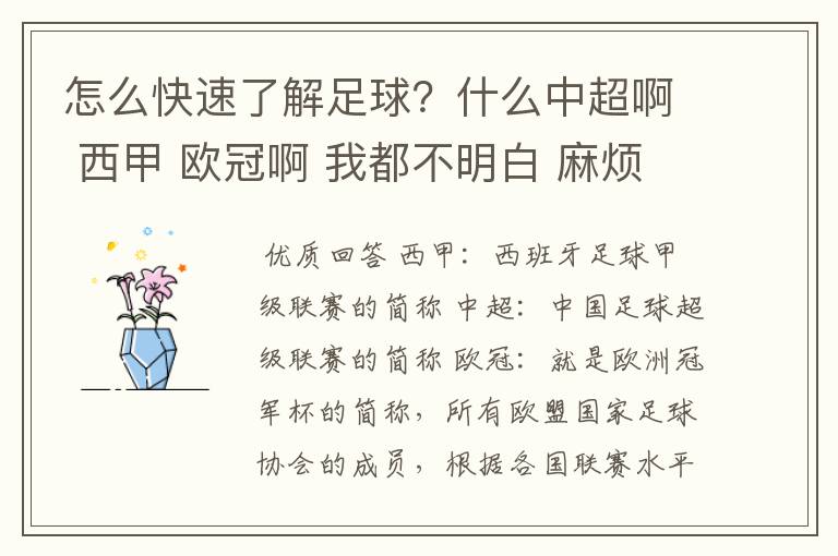 怎么快速了解足球?什么中超啊 西甲 欧冠啊 我都不明白 麻烦 有哪位特别了解足球的 跟我讲讲,多谢