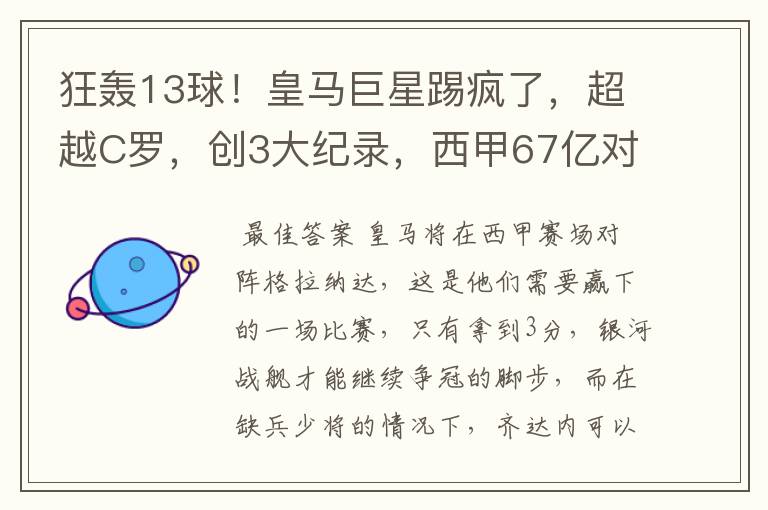 狂轰13球!皇马巨星踢疯了,超越C罗,创3大纪录,西甲67亿对决