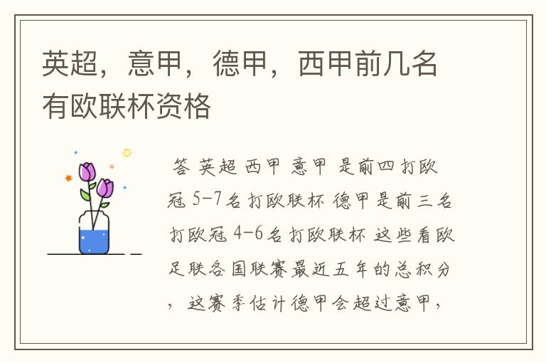 英超,意甲,德甲,西甲前几名有欧联杯资格