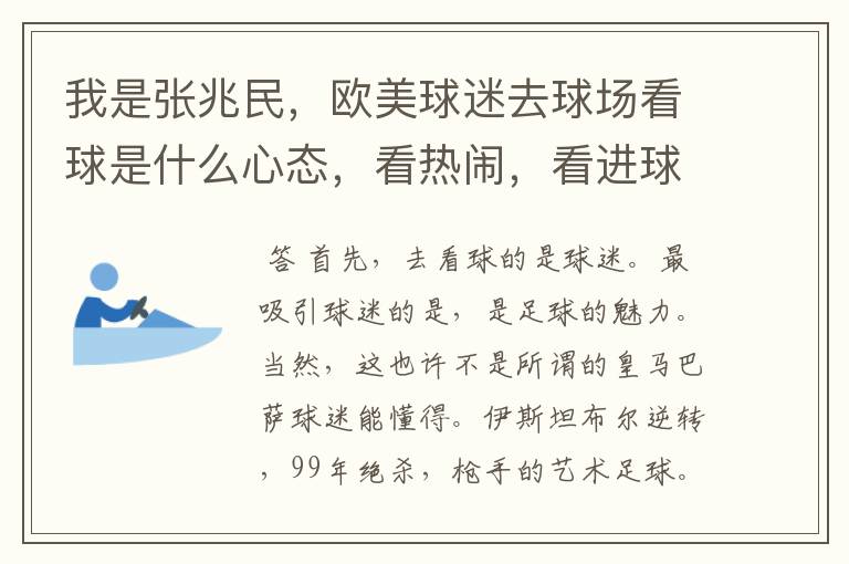 我是张兆民,欧美球迷去球场看球是什么心态,看热闹,看进球,看球星,看门道,看队员拼搏精神
