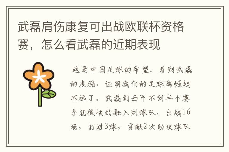 武磊肩伤康复可出战欧联杯资格赛,怎么看武磊的近期表现