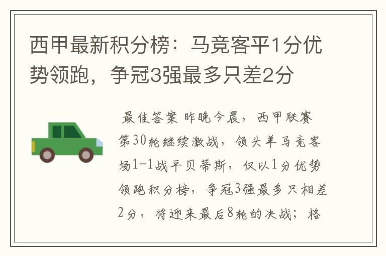西甲最新积分榜:马竞客平1分优势领跑,争冠3强最多只差2分