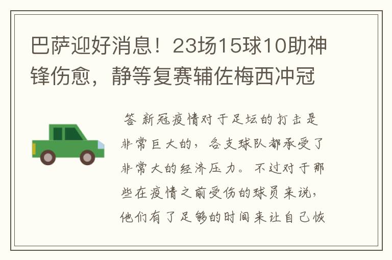 巴萨迎好消息!23场15球10助神锋伤愈,静等复赛辅佐梅西冲冠!