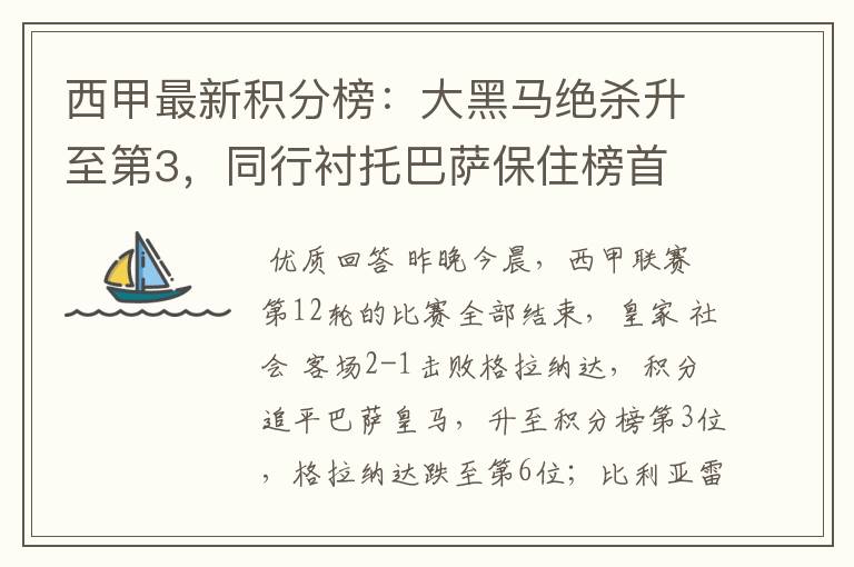 西甲最新积分榜:大黑马绝杀升至第3,同行衬托巴萨保住榜首