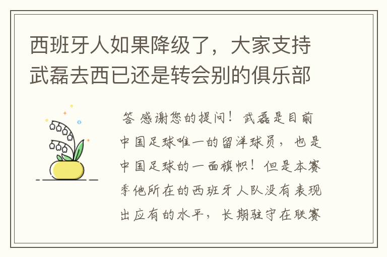 西班牙人如果降级了,大家支持武磊去西已还是转会别的俱乐部?