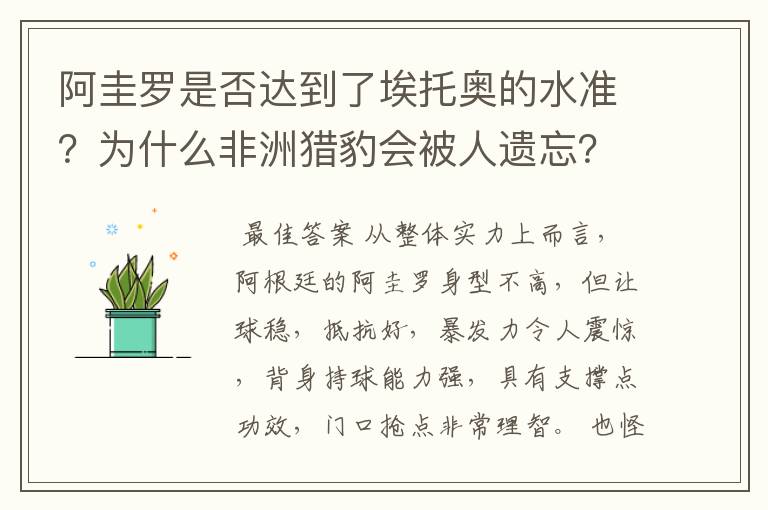 阿圭罗是否达到了埃托奥的水准?为什么非洲猎豹会被人遗忘?