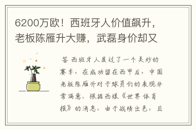 6200万欧!西班牙人价值飙升,老板陈雁升大赚,武磊身价却又缩水